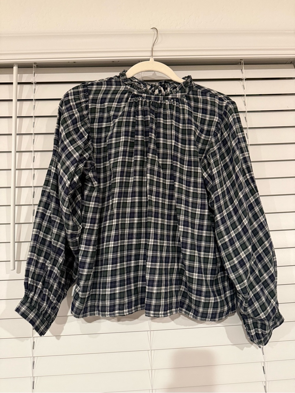 TROVATA Talia Plaid Long-Sleeve Ruffle Neck Blouse Size XS